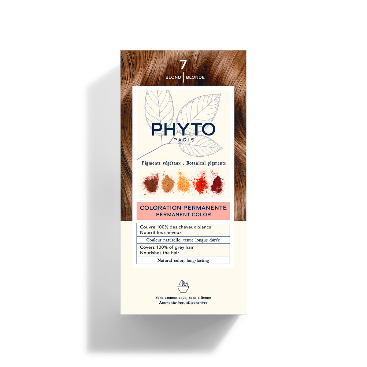 Phyto hair color packaging with blonde shade on a white background