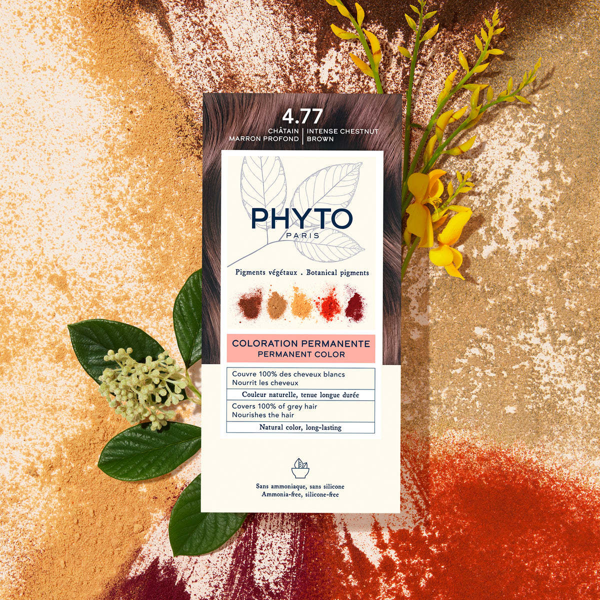  PHYTO Paris hair color packaging with leaves and flowers on a textured background