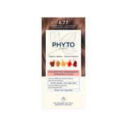 Phyto hair color packaging with brown hair sample and color chart on a white background