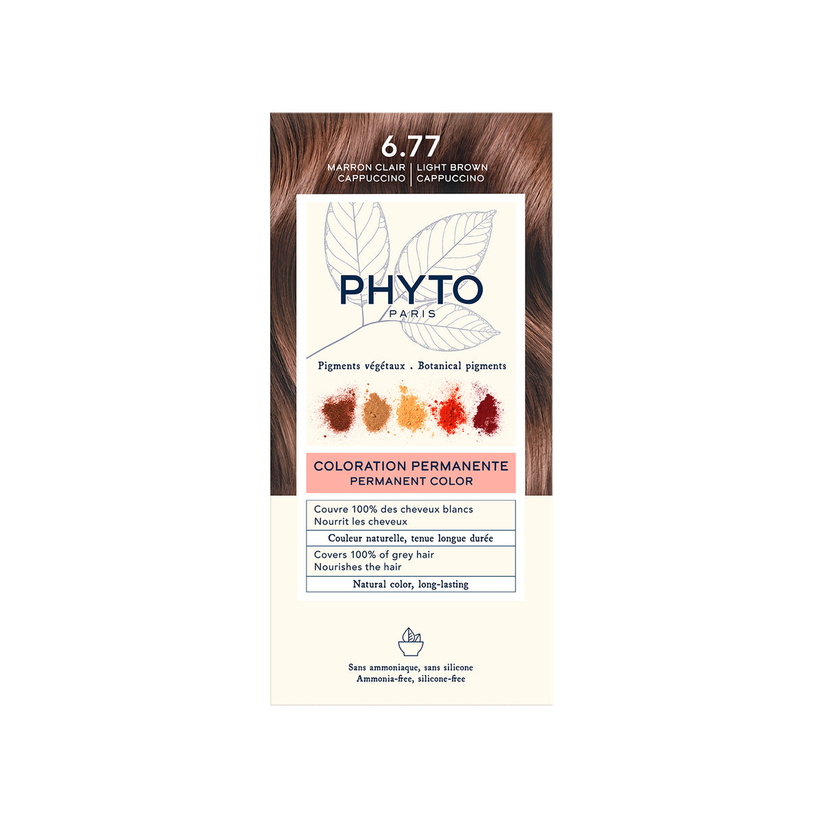 Phyto hair color packaging with brown hair sample and color chart on a white background